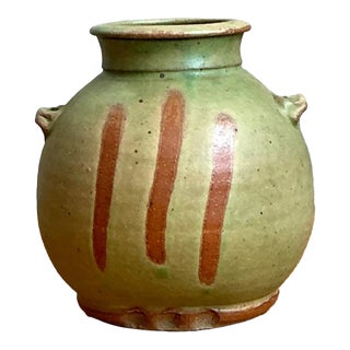 Vintage Green Striped Ceramic Vase For Sale