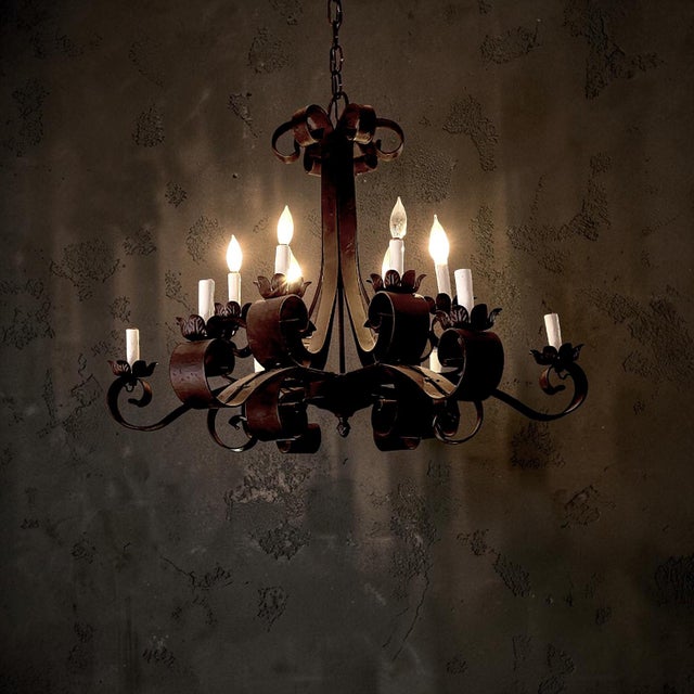 Spanish Revival Huge 1920s Spanish Revival Style 6 Arm 12 Candelabra Charcoal Wrought Iron Pendant Chandeliers For Sale - Image 3 of 6