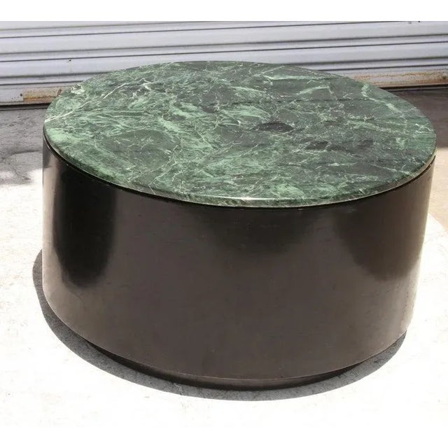 Early 21st Century Mid-Century Modern Paul Mayen Style Green Marble Top Drum Side Table 2 Available For Sale - Image 5 of 6