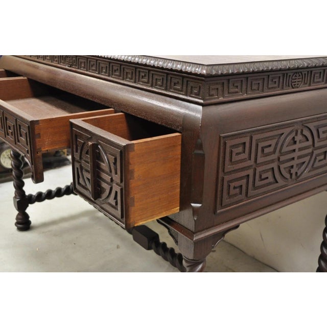 Brown Antique Jacobean William and Mary Greek Key Carved Mahogany 3 Drawer Desk For Sale - Image 8 of 12