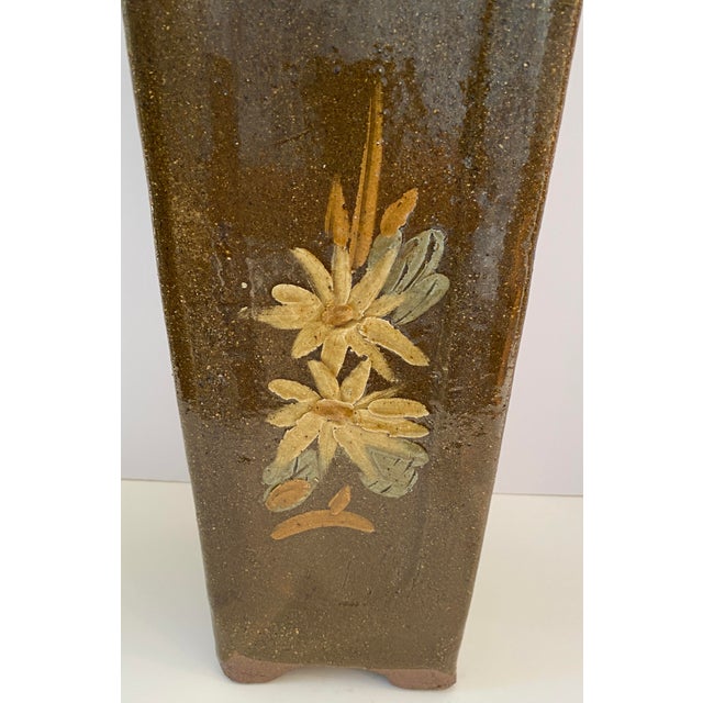 Ceramic Tall Mid-Century Chinese Glazed Earthenware Floor Vase or Planter With Floral Motif For Sale - Image 7 of 7