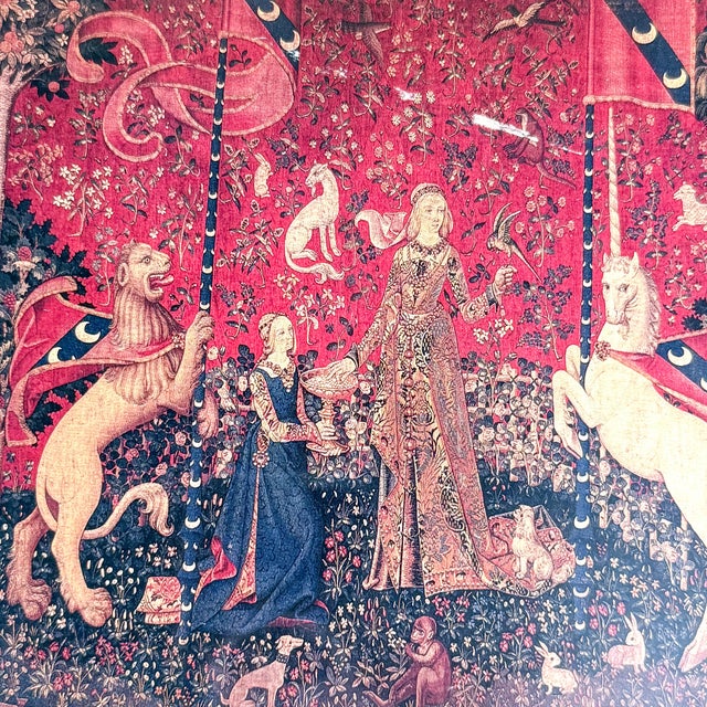 Late 20th Century Coordinating Pair of Framed Medieval Unicorn Tapestry Prints in Gilt and Mahogany-Tone Frames - Set of 2 For Sale - Image 9 of 12
