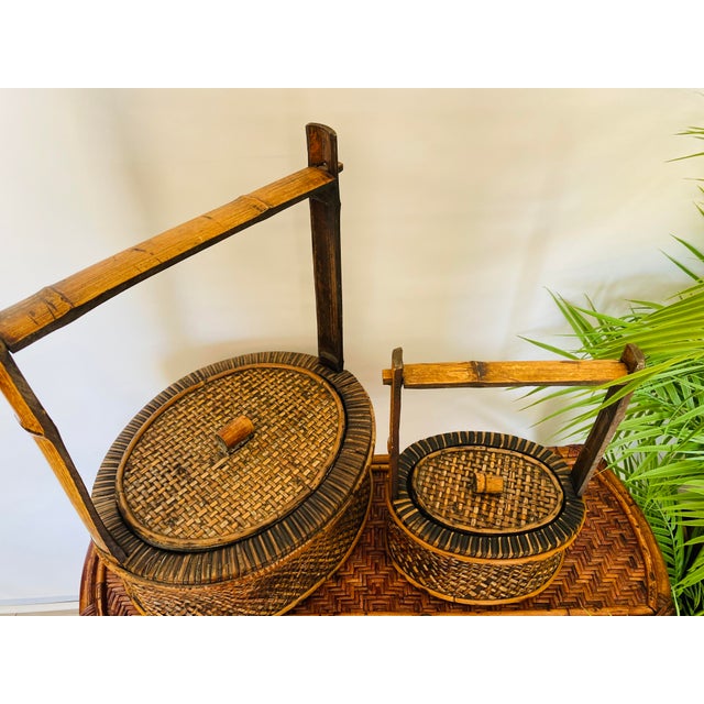 Antique Chinese Bamboo & Rattan Baskets- Set of 2 For Sale - Image 4 of 10