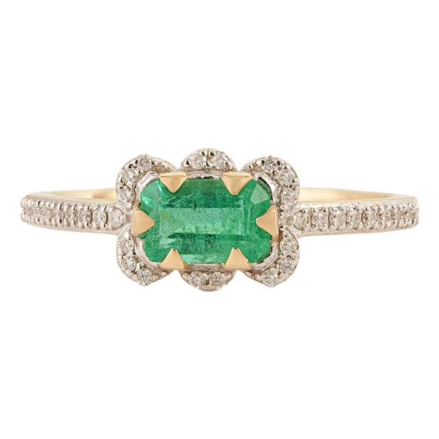 Art Deco Zambian Emerald & Diamond Halo Ring Size 6.5 in 14k Yellow Gold For Sale