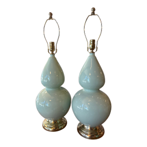 Vintage Mint Green Ceramic Gourd Shape Table Lamps Newly Wired & Brass Hardware