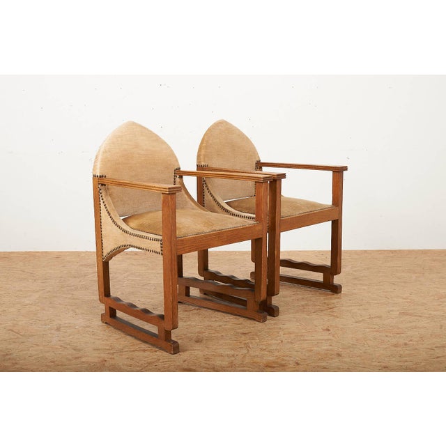 Brown Arts and Crafts Oak Armchairs with Velour Upholstery, Set of 2 For Sale - Image 8 of 13