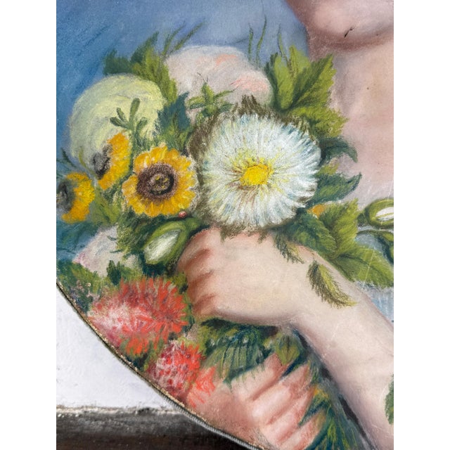 Oval Portrait of a Young Girl with Flowers, 1800s, Pastel Artwork For Sale - Image 11 of 18