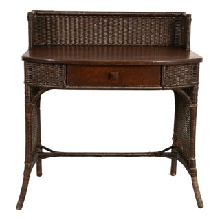 Heywood-Wakefield Antique Arts & Crafts Mission Oak & Rattan Wicker Writing Desk | Circa 1890s For Sale