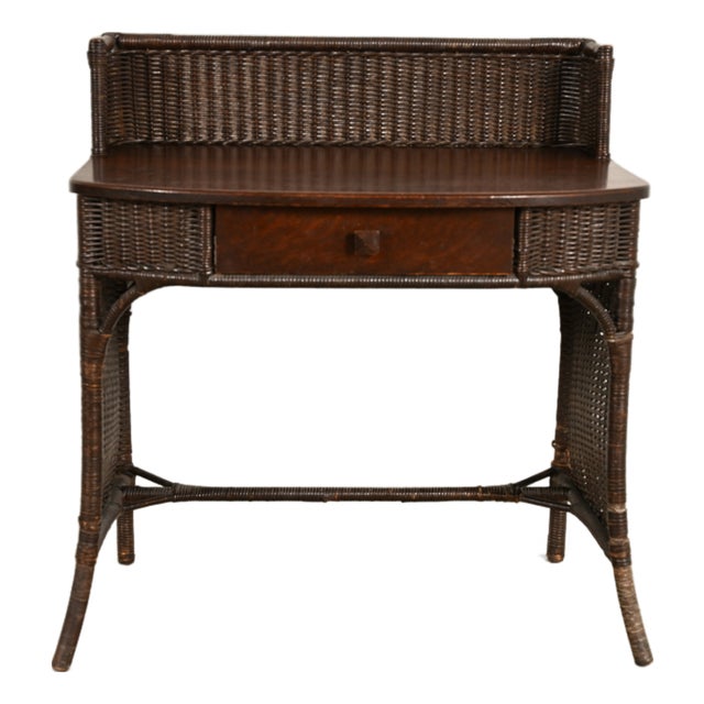 Heywood-Wakefield Antique Arts & Crafts Mission Oak & Rattan Wicker Writing Desk | Circa 1890s For Sale