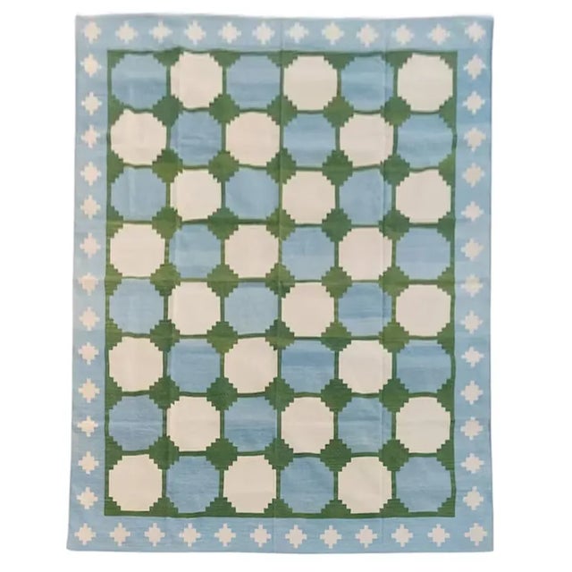 Cotton Vegetable Dyed Box Pattern Sky Blue Green Area Rug - 12'x15' These special flat-weave dhurries are hand-woven with...