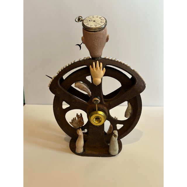 2020s Mixed Media Tabletop Sculpture With Iron Pulley and Doll Parts For Sale - Image 5 of 9