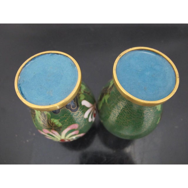 Chinese Miniature Chinese Green Flower Gilt Cloisonne Vase Pair For Sale - Image 3 of 10