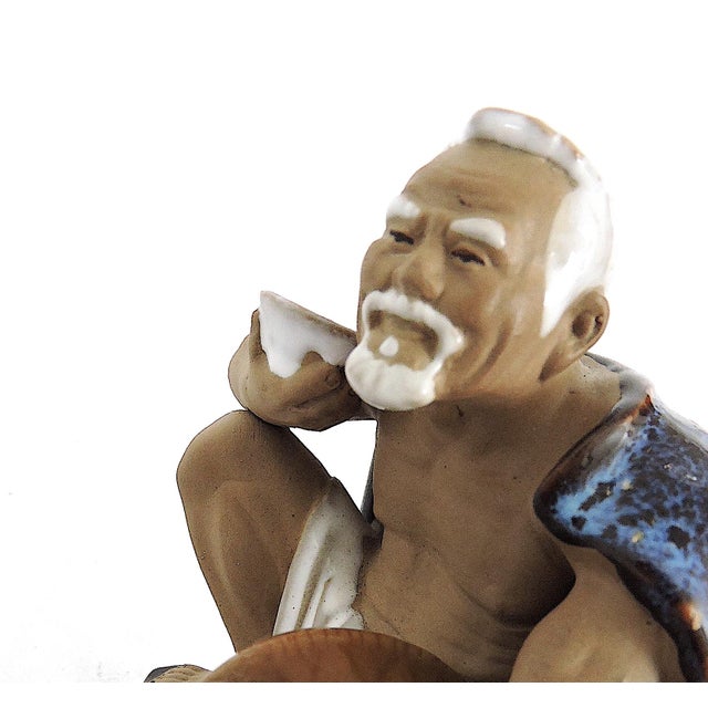 Chinoiserie 1980's Chinese Shiwan Figure of the Elderly Rice Field Worker With. Blue Cape and Hat, Garden Ornament Figure For Sale - Image 3 of 6