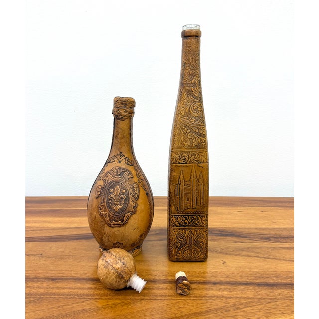 Mid 20th Century Vintage Spanish Embossed Leather Wrapped Bottles Depicting the Mallorca Cathedral For Sale - Image 5 of 7