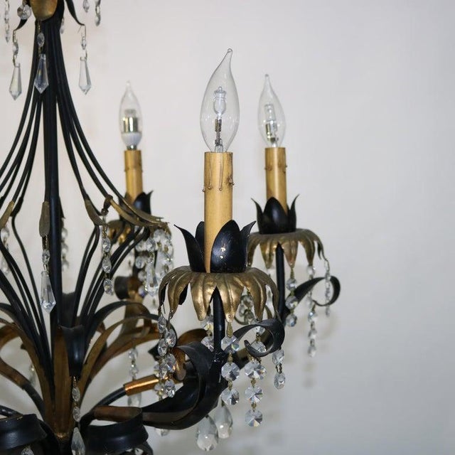 1940s Vintage Ebonized & Gold Gilt Six-Light Foliate Form Crystal Chandelier C1940 For Sale - Image 5 of 7