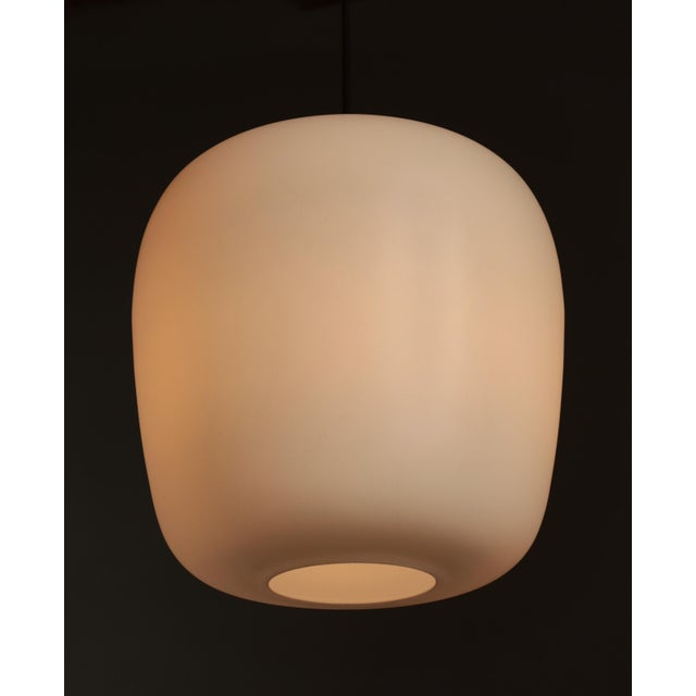 1940s Danish Modern Funkis Pendants in Opal Glass and Brass attributed to Fog & Mørup, 1940s, Set of 2 For Sale - Image 5 of 13