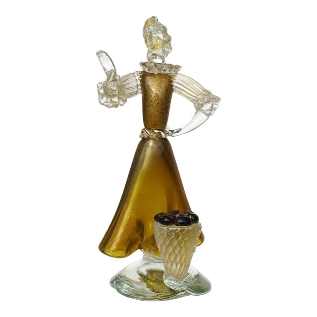 Murano Vintage Dark Amber Olive Gold Flecks Italian Art Glass Woman Farmer With Basket Figure Sculpture For Sale