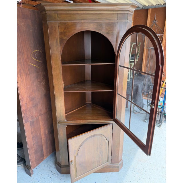 Mid 20th Century Vintage Walnut Corner Cupboards With Arched Bubble Glass & Reversible Plate-Groove Shelves For Sale - Image 5 of 11