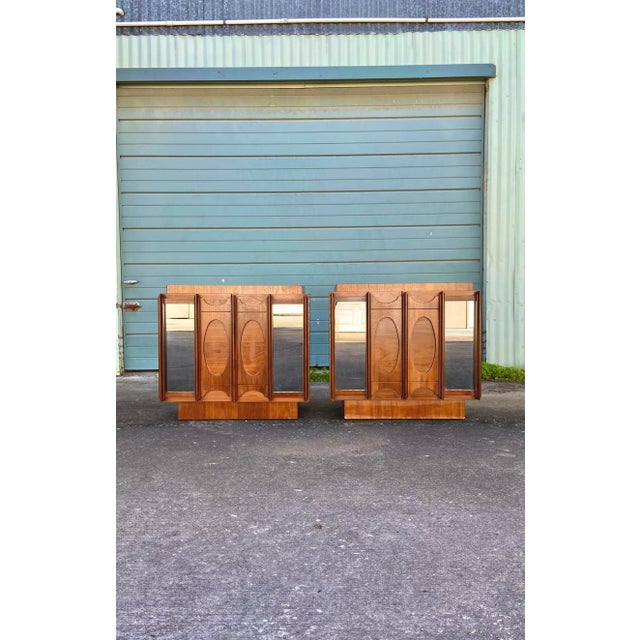 Pair of Brutalist Tobago Nightstands With Sculpted Door Fronts and Inset Smoked Mirrors. What a stellar pair! Set of...