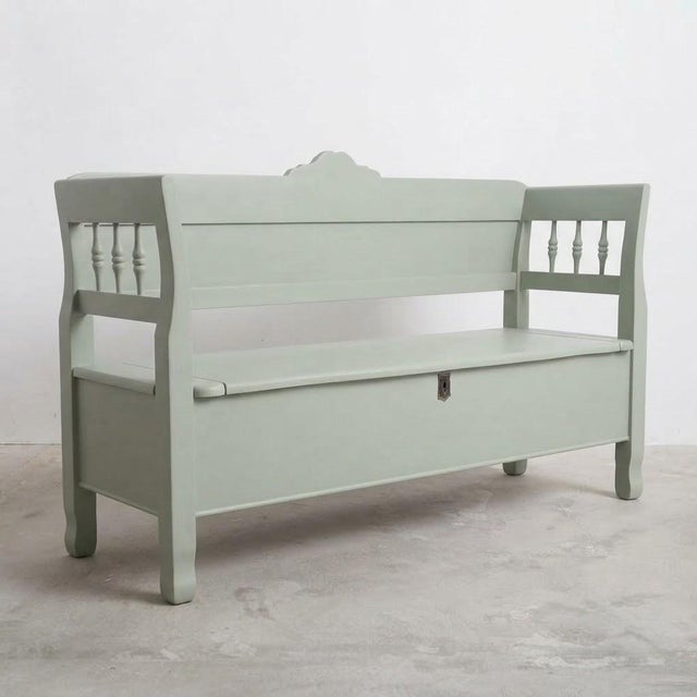 Rustic Vintage Hungarian Refurbished Wooden Storage Bench in Sage Green, 1920s For Sale - Image 3 of 5