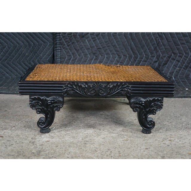Ebony Rare Antique Anglo-Indian Ceylonese Ebony Carved Woven Wicker Footstool 18" For Sale - Image 8 of 16