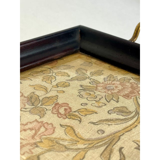 Antique English Glass Top Wood Tray With Brass Handles and Brocade Fabric For Sale - Image 15 of 16