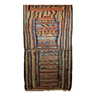 Antique Kurdish Bidjar Tribal Kilim Rug, Handwoven Wool, Stripe Pattern, Turquoise & Yellow, 5x9 For Sale