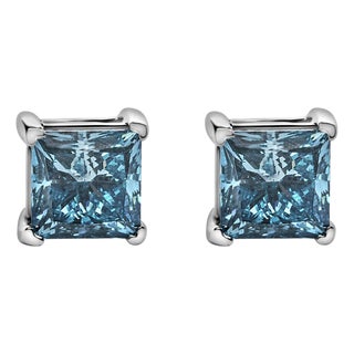 14K White Gold 1.0 Cttw Princess Cut Lab Grown Blue Diamond Solitaire Stud Earrings For Sale