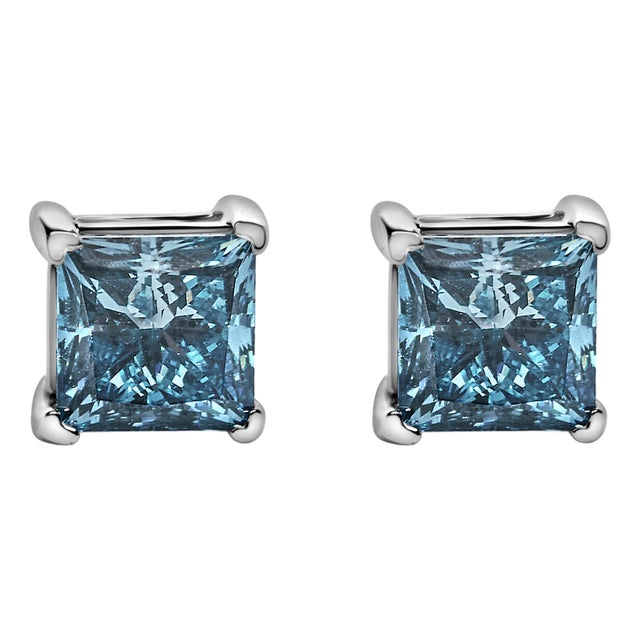 14K White Gold 1.0 Cttw Princess Cut Lab Grown Blue Diamond Solitaire Stud Earrings For Sale
