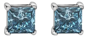 14K White Gold 1.0 Cttw Princess Cut Lab Grown Blue Diamond Solitaire Stud Earrings