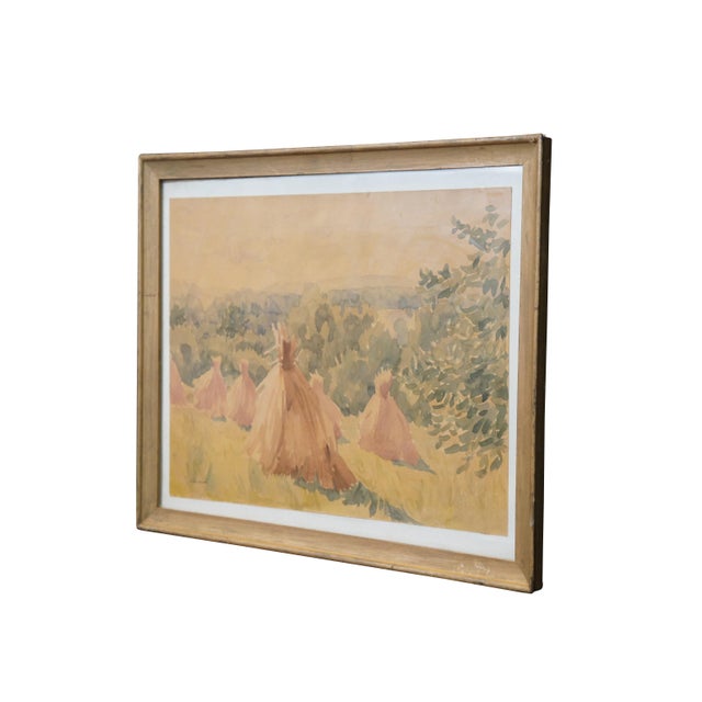 Rustic T. Karcik Farm Country Haystack Landscape Watercolor Painting 20", Framed For Sale - Image 3 of 9