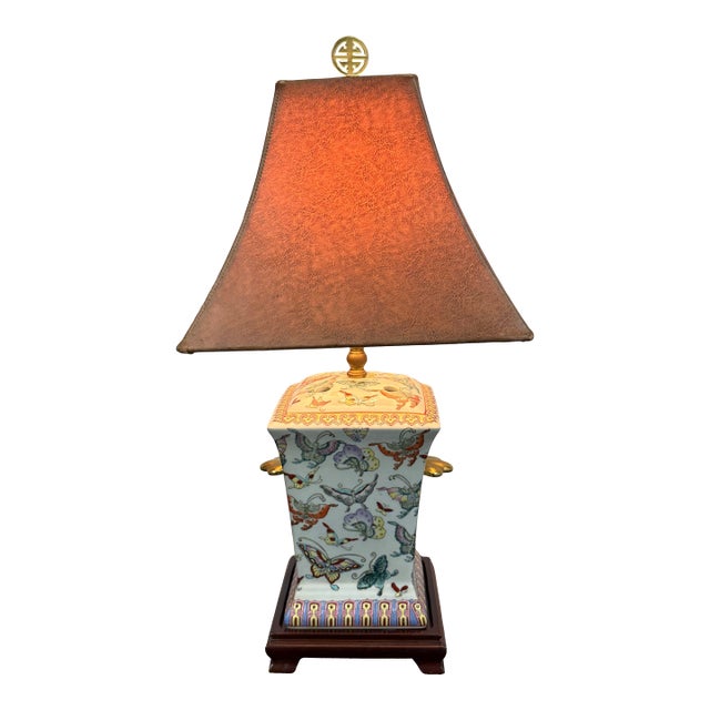 Chinoiserie Porcelain Butterfly Table Lamp, Vintage For Sale