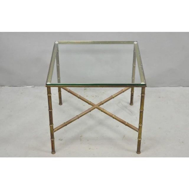Vintage Hollywood Regency Brass Faux Bamboo Square Glass Top Low Side Table For Sale - Image 15 of 15