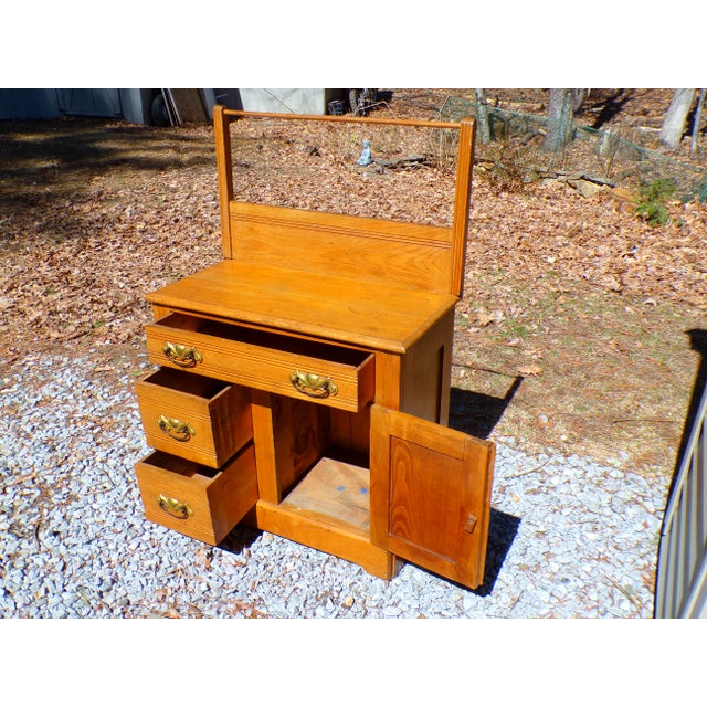 Antique Solid Oak Chest Commode Washstand W/ Towel Bar Country Farmhouse Cabinet For Sale - Image 9 of 18