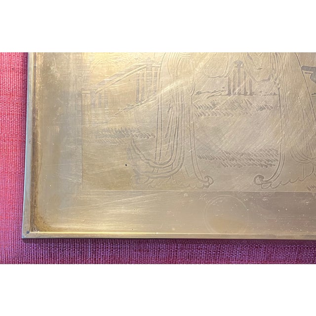 Antique Early 20th Century Japanese Meiji Period Square Brass Tray With Etched Court Scene For Sale - Image 11 of 17