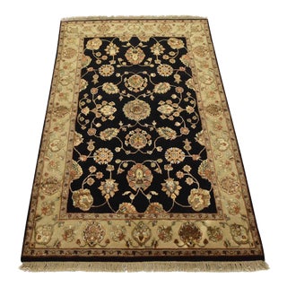 Agra Rug 4′ X 6′ Black Wool/Silk Traditional Hand-Knotted Oriental Carpet For Sale