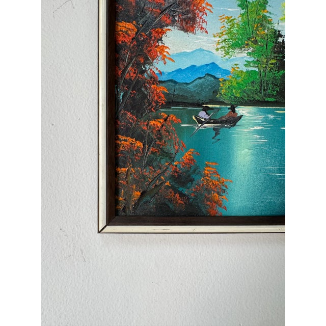 Wood 1980's Vintage Haitian Lake Scene Canoeing Oil Paint on Canvas - Framed For Sale - Image 7 of 9