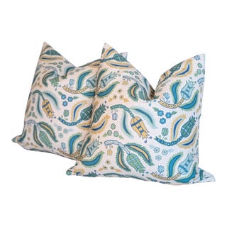 Schumacher Malabar Vine Pillows in Peacock - Pair For Sale