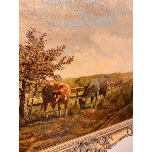 Antique White 19th Century Oil on Canvas "Grazing Cattle" For Sale - Image 8 of 9