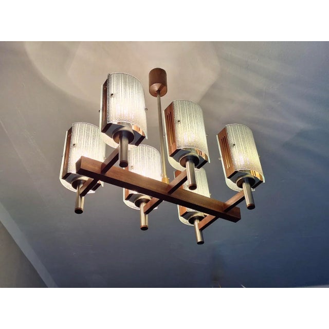 Brutalist Teak and Art Glass Chandelier, 1960s For Sale - Image 4 of 9