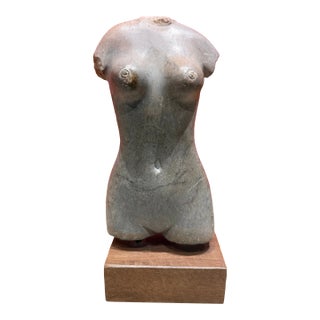 Stone Feminine Sculpture With Wooden Base - Unsigned For Sale