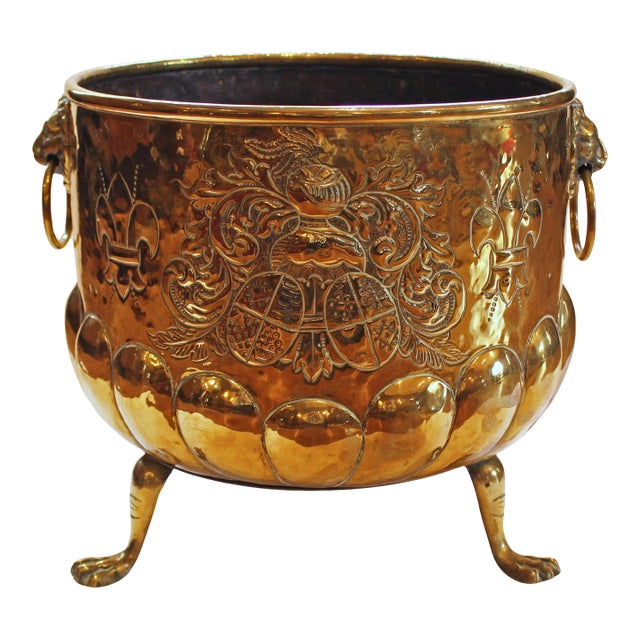 Circa 1880 English Large Brass Repousse Armorial Jardiniere For Sale
