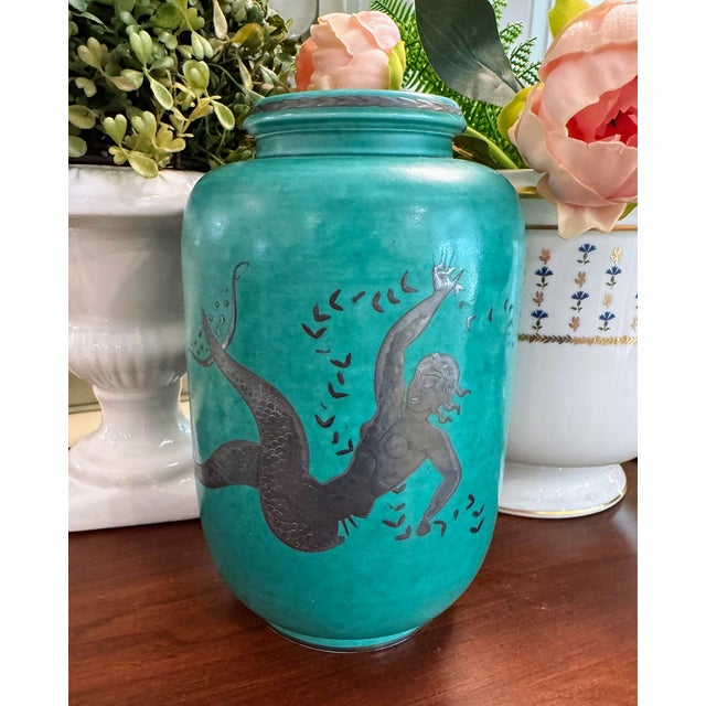 Art Deco Swedish Gustavsberg Argenta Stoneware Vase With Silver Mermaid by Wilhelm Kåge For Sale - Image 3 of 10