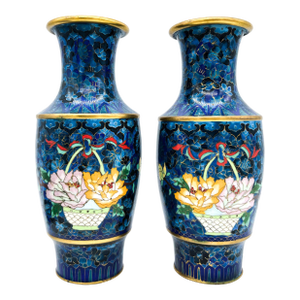 Pair of Vintage Chinese Cloisonné Lotus Vases – Cobalt Blue & Gilded Accents – Chinoiserie / Hollywood Regency