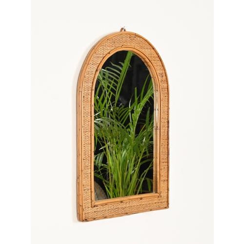 French Riviera Style Arch Mirror in Bamboo and Woven Wicker, Italy, 1970s For Sale - Image 3 of 11