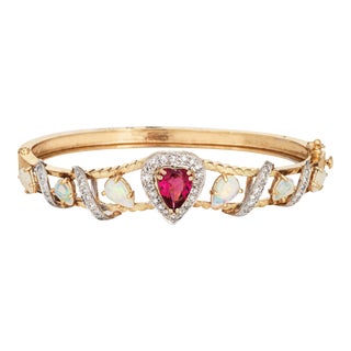 60s Vintage Opal Pink Tourmaline Bracelet Heart Diamond 14k Yellow Gold Jewelry For Sale