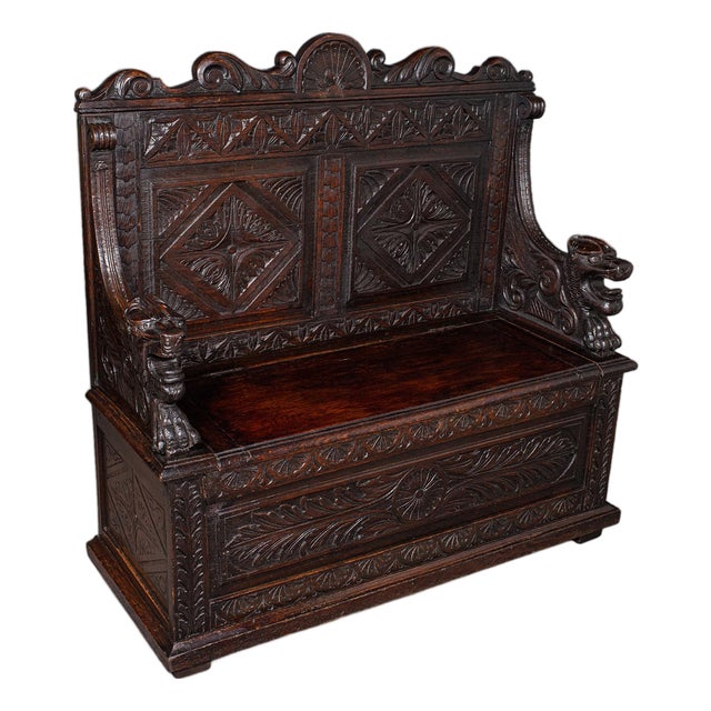 Antique Baronial Settle, Scottish, Carved Oak, Reception Hall Bench, Victorian For Sale