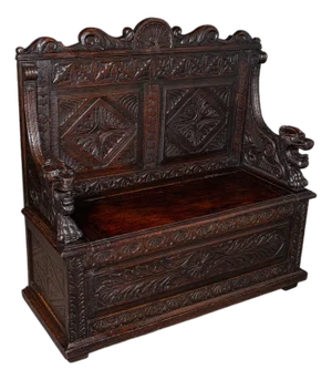 Antique Baronial Settle, Scottish, Carved Oak, Reception Hall Bench, Victorian