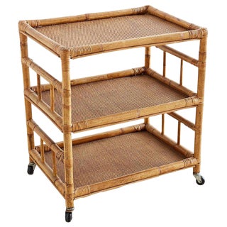 Bamboo and Raffia Rolling Three-Tier Serving Cart For Sale