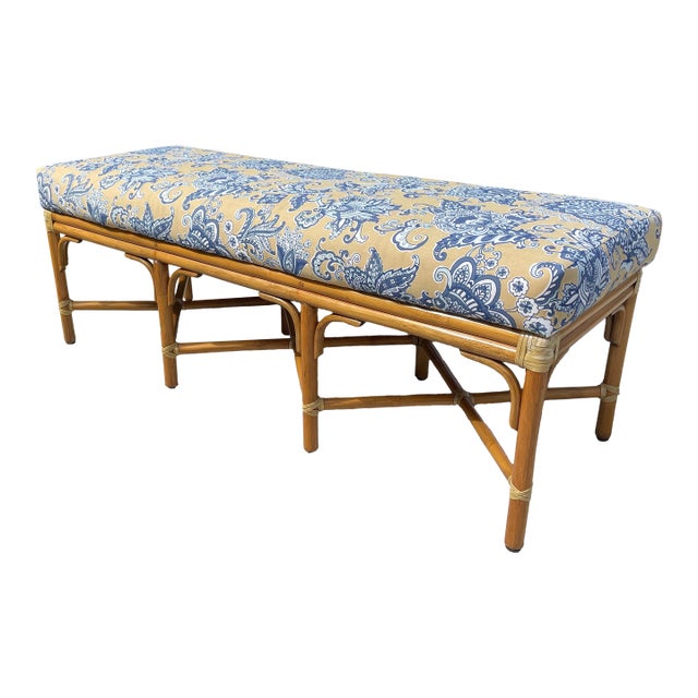 Authentic McGuire Vintage Rattan Bench, New Schumacher Upholstery For Sale